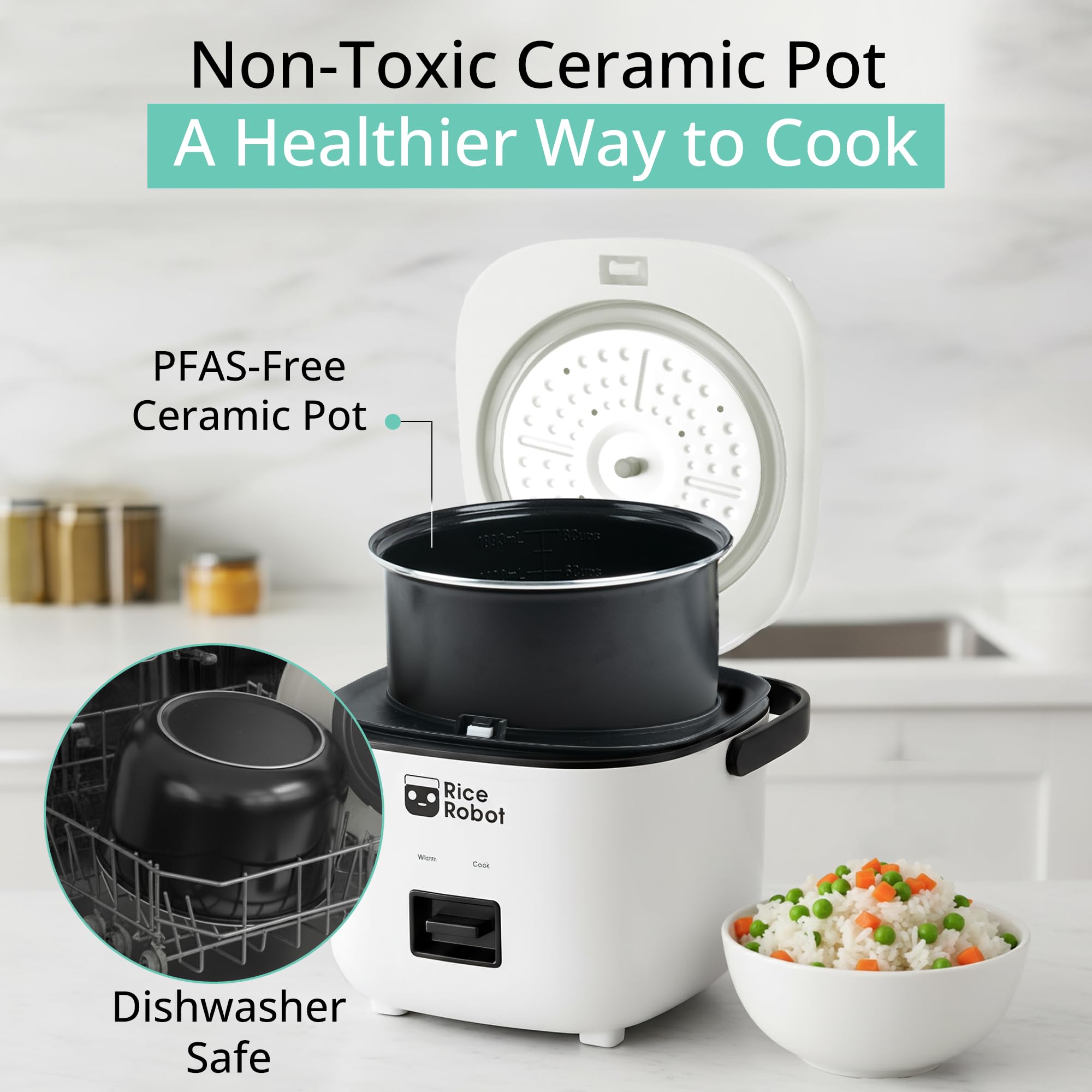 Rice Robot Personal Rice Cooker, PFAS-free, Nonstick. 1 Quart Capacity, with Stainless Steel Steamer Tray, Measuring Cups, Recipe Book with 60 Recipes, and Serving Spoon, As Seen On TV