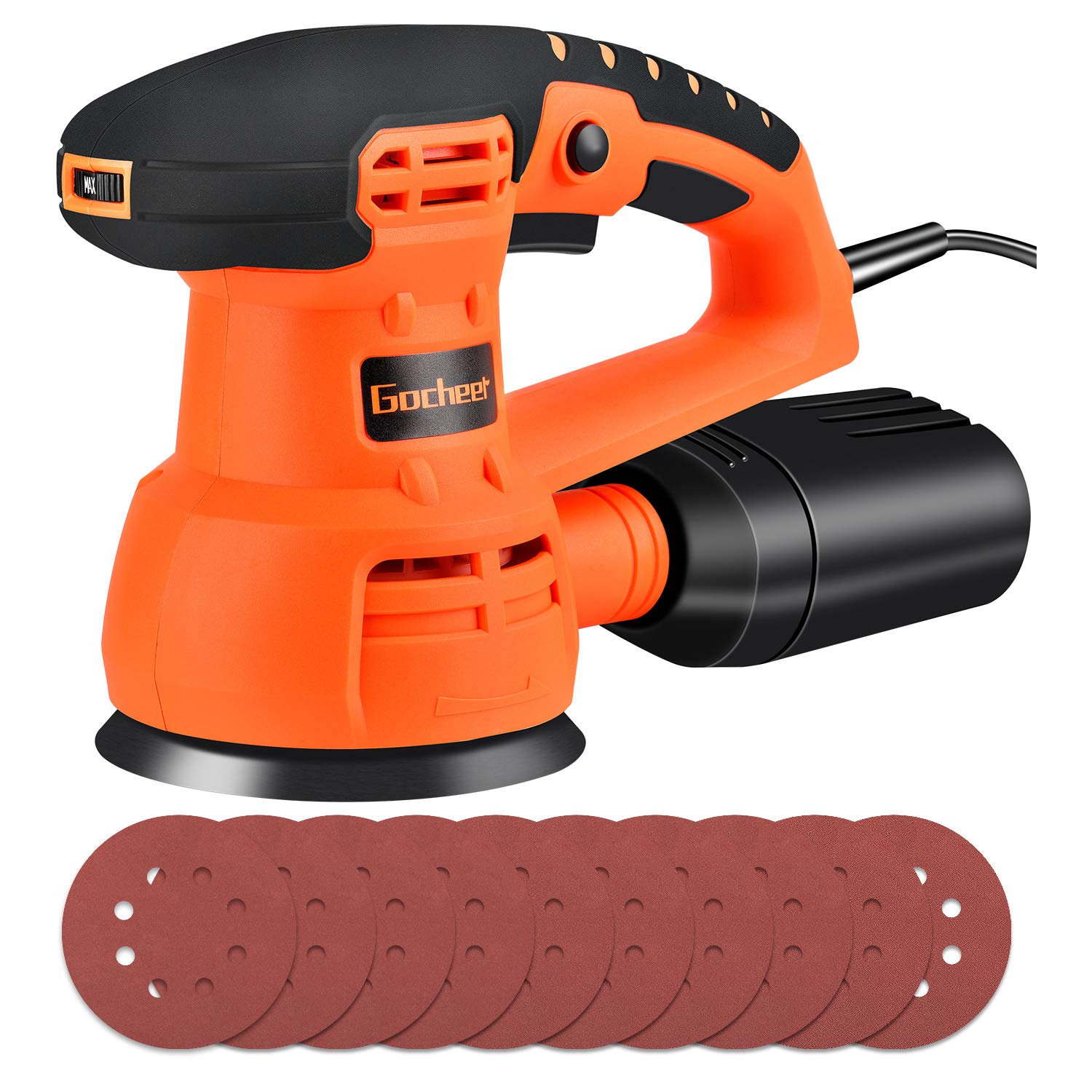 Exzenterschleifer, Gocheer Schleifmaschine 400W,6 Variable Speed,Ø125 mm,5000-13000 RPM Motor mit Reinigung und Staubsammelung System,Bequemer Griff,10 Stück Schleifpapier(3*80＃/ 3*120＃/ 4*240＃)