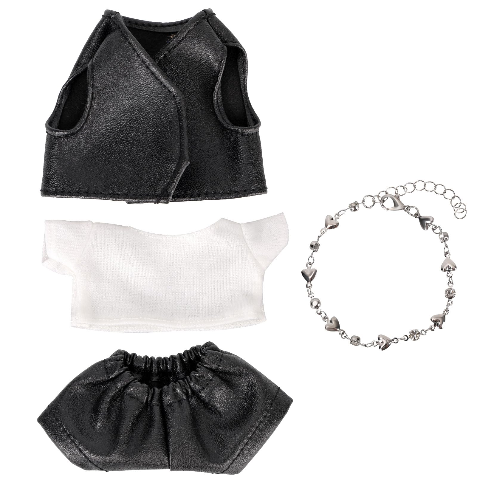 SAVITA 4pcs Doll Outfit Set, Cool Black Leather Jacket & Pants 17 cm White T-Shirt with Silver Heart Necklace Stylish 17cm Plush Doll Clothes & Accessories