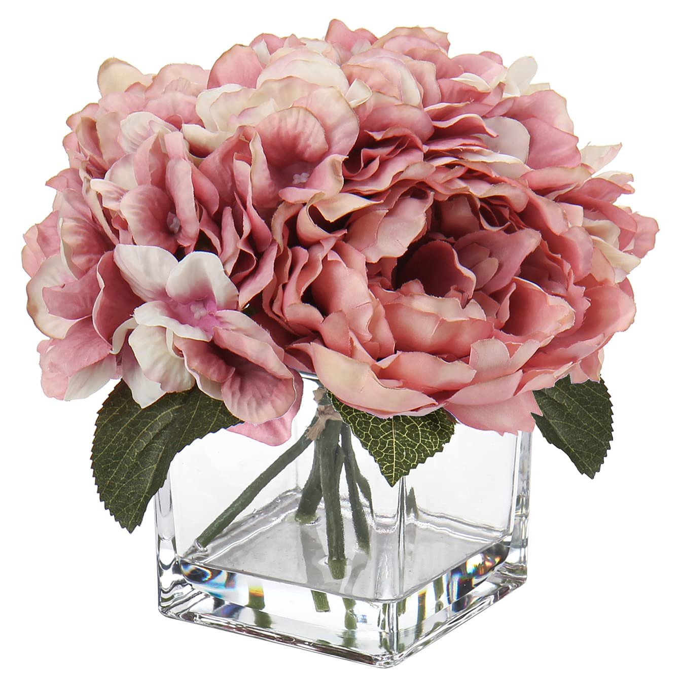 Briful Fake Flowers in Vase Silk Peony Hydrangea Flowers with Faux Water for Home Wedding Party Decoration Artificial Flowers Peony Hydrangea in Glass Pots for Table Centerpieces - Pink