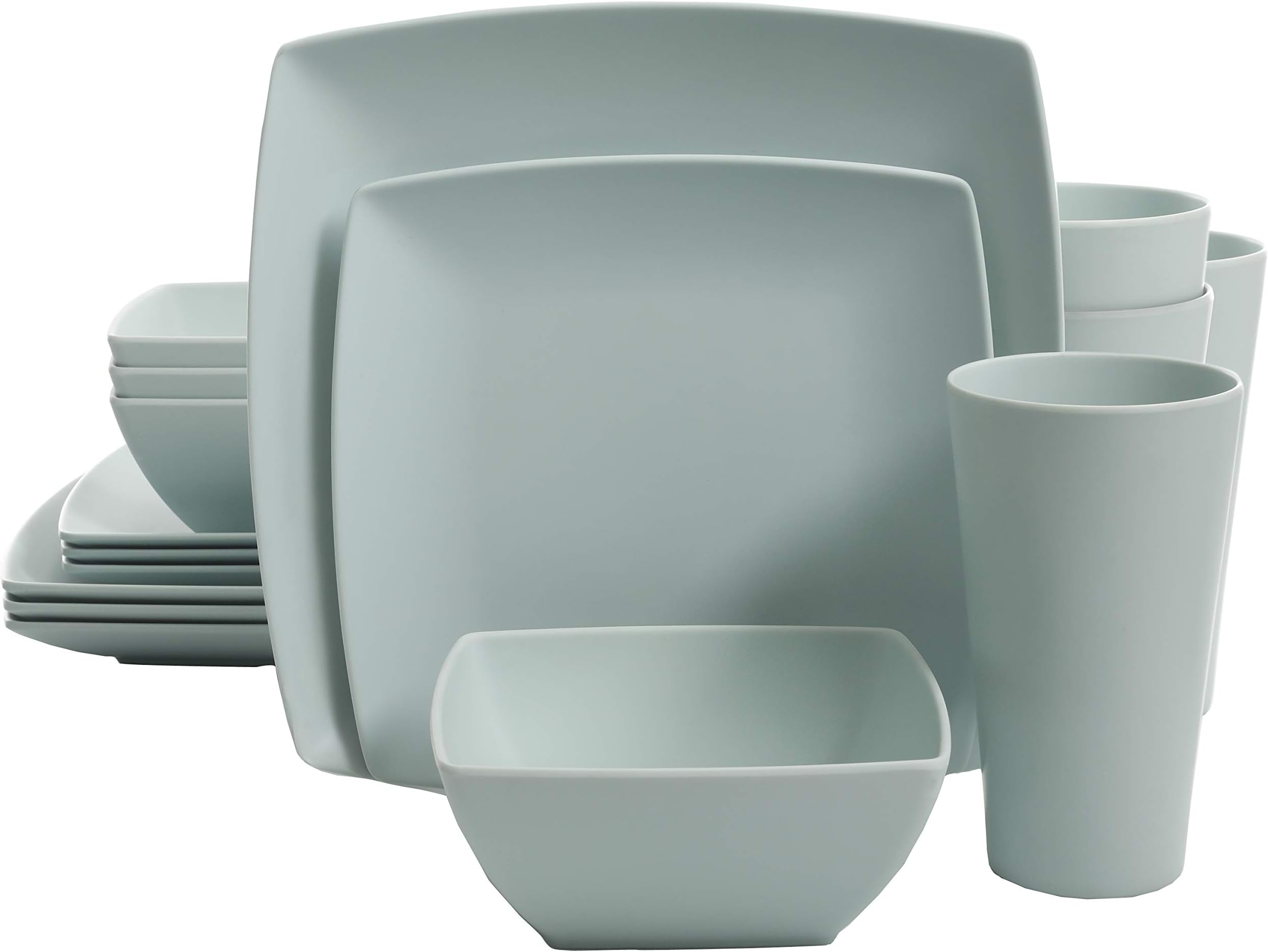GibsonHome Soho Grayson Square Melamine Dinnerware Set, Service for Four (16pc), Mint