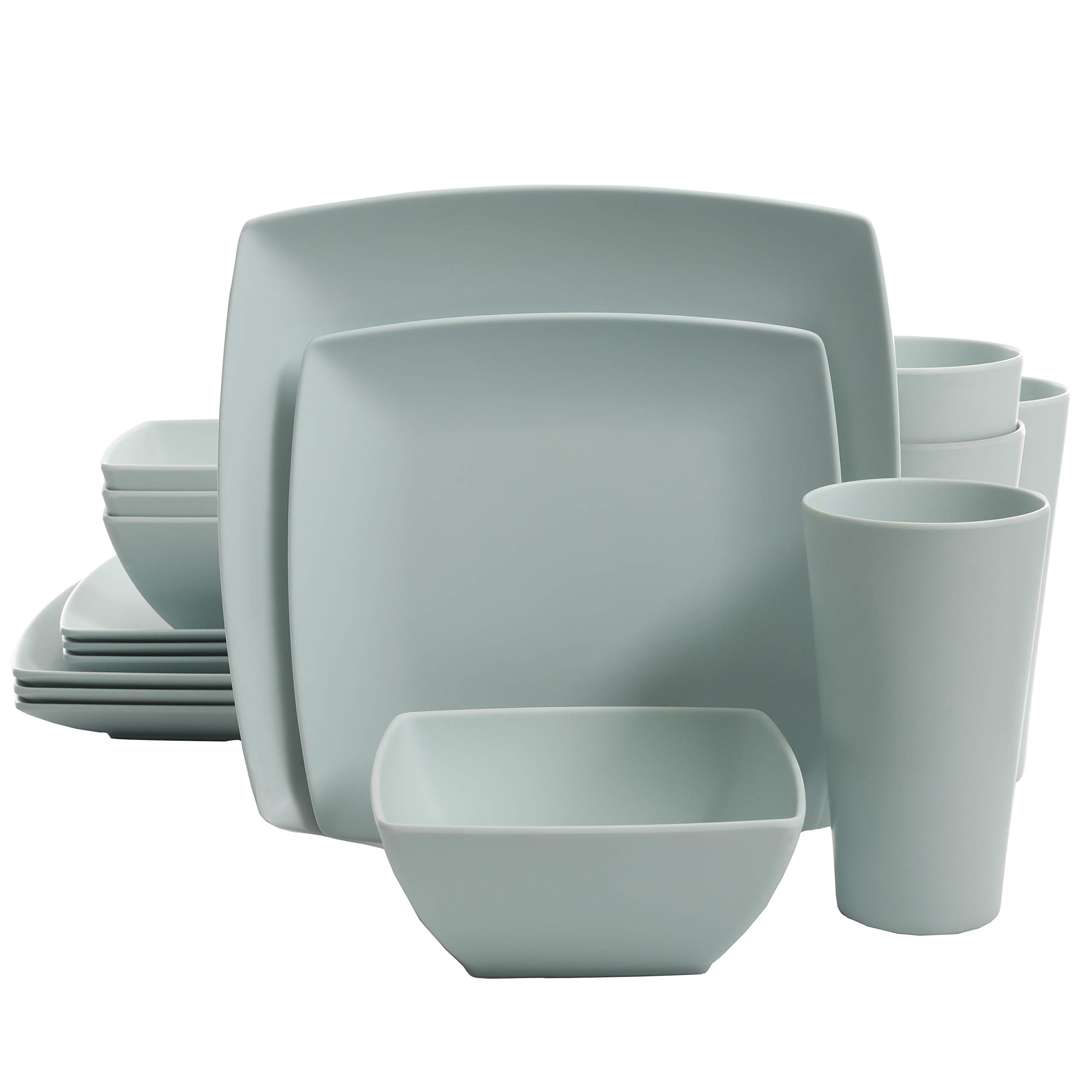 GibsonHome Soho Grayson Square Melamine Dinnerware Set, Service for Four (16pc), Mint