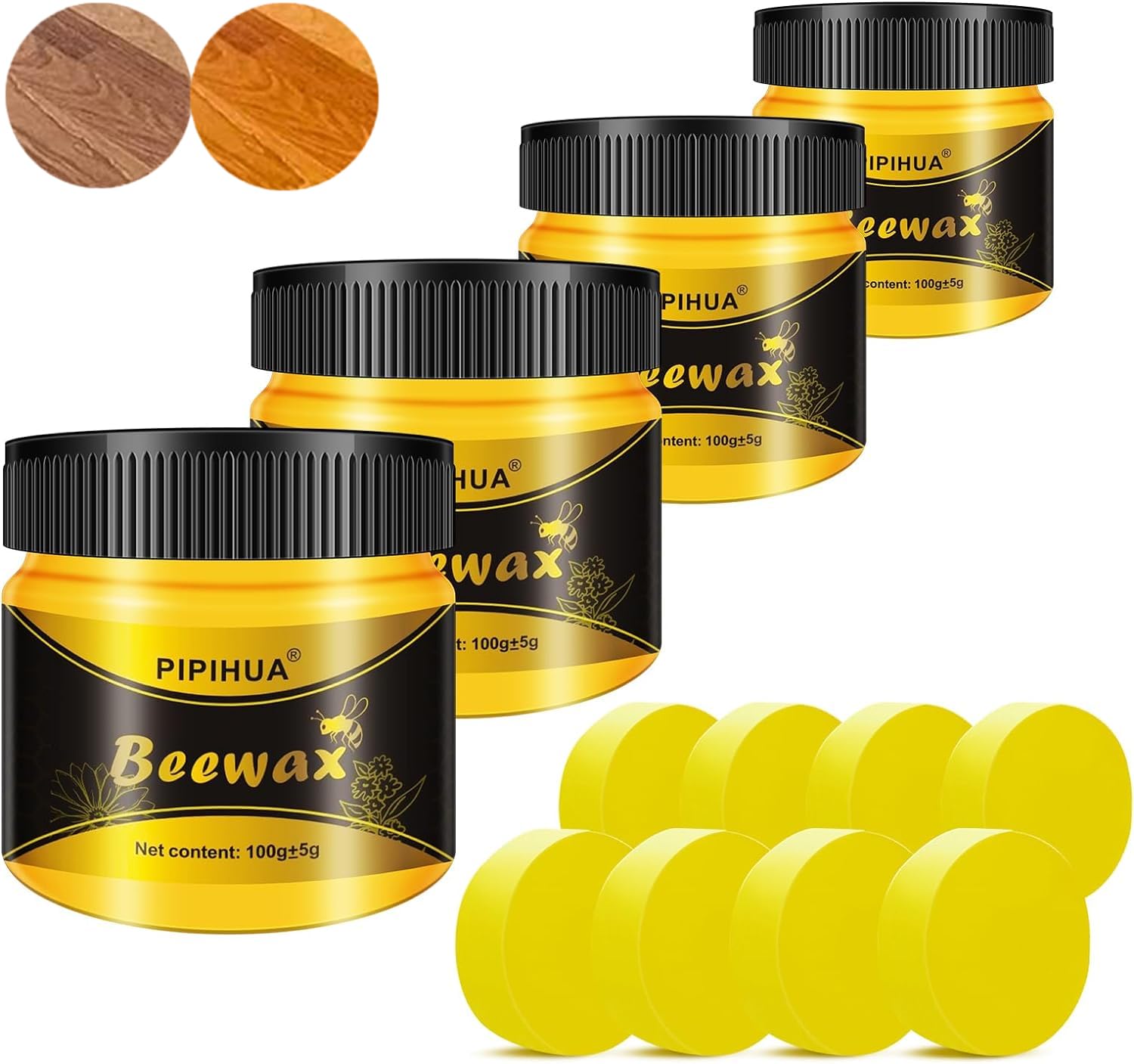 PIPIHUA Beeswax Polish for Wood, Multi-purpose Furniture Polish for Waterproofing & Protection, Natural Beeswax Traditional Wood Wax for All Types and Colours, 4×100g with 8 Sponges