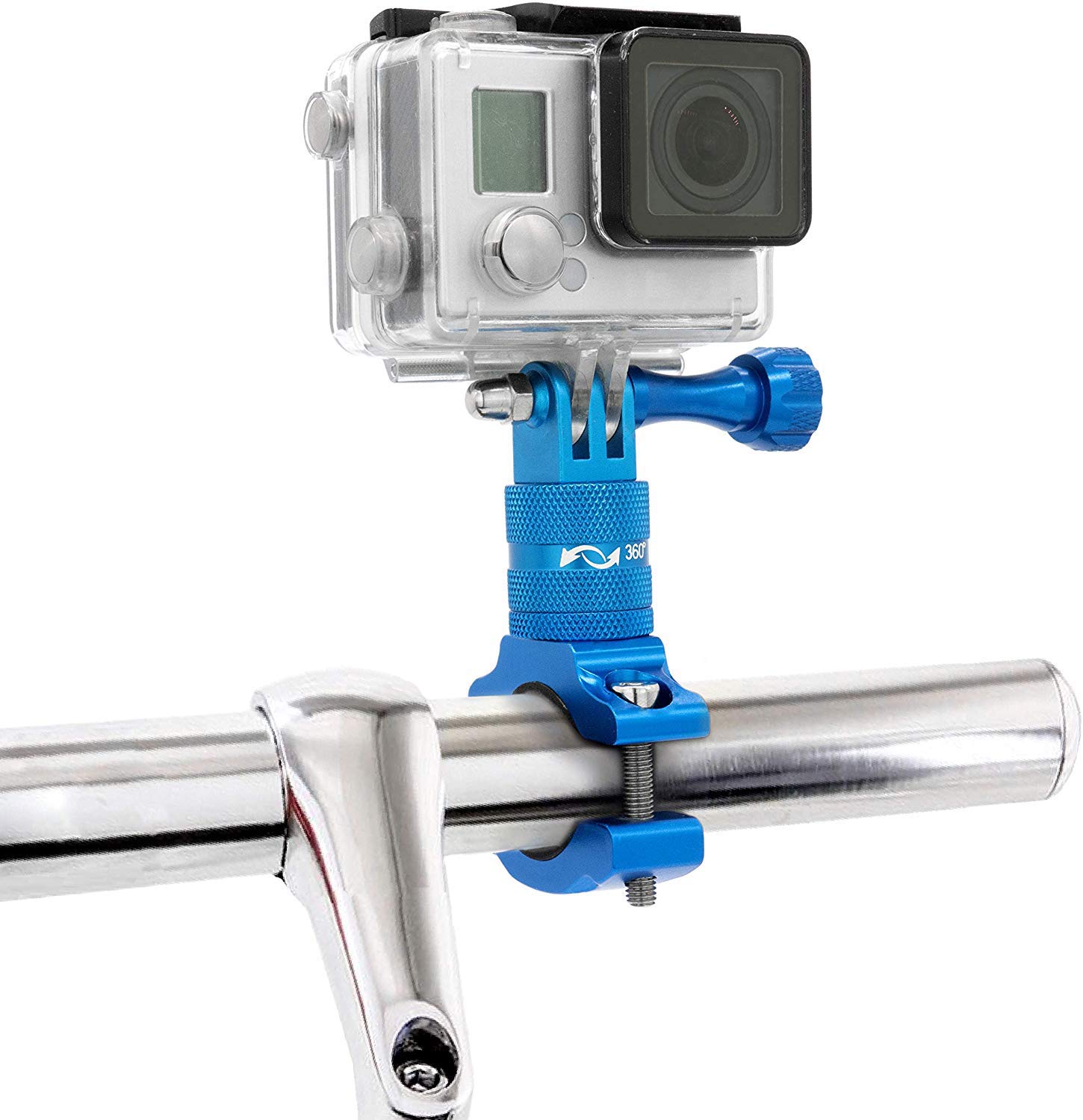 MyGadget Action Camera Bike Holder 360° Rotation - Anti Shake Bicycle & Motorcycle Mount - Handlebar Metal Cradle compatible with GoPro Hero 10 9 8 7 Xiaomi Yi - Blue