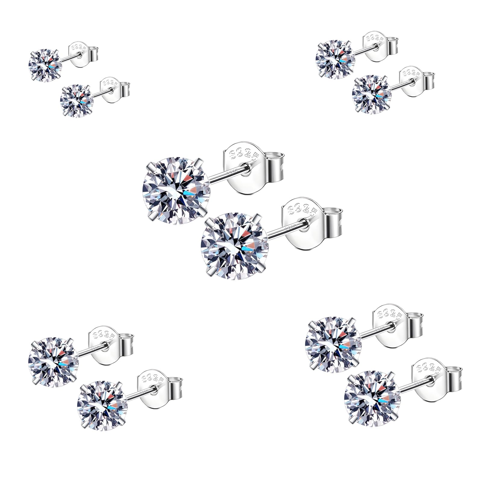 Epoch World 5 Pairs Silver Stud Earrings for Women 925 Sterling Silver Earrings Studs Set Unisex Small Sleeper Cartilage Hypoallergenic Studs with Cubic Zirconia Men Women