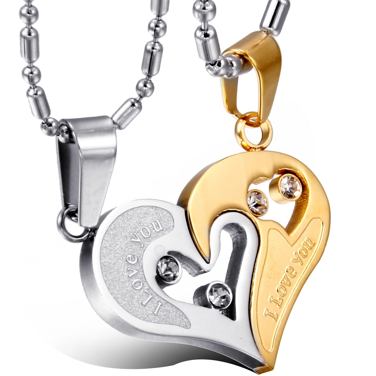 Oidea 2Pcs Stainless Steel Couples Shiny Rhinestone Inlaid Love Heart Matching Pendant Necklace for Couples,Valentines Gifts