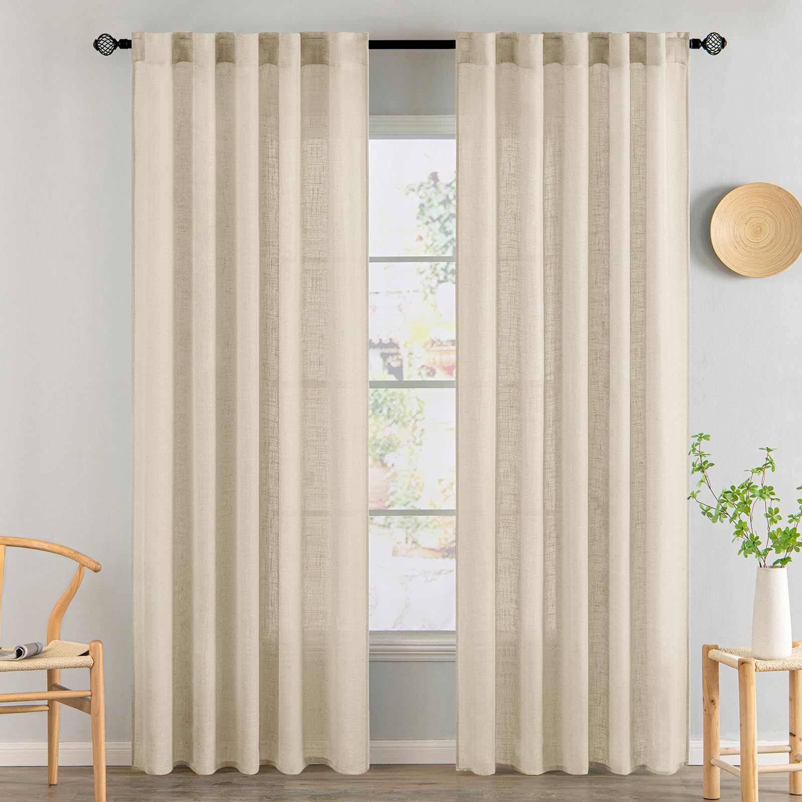 Photo 1 of MIULEE Linen Curtains 84 Inch Length 2 Panels for Bedroom Living Room, Soft Thick Linen Textured Back Tab Window Drapes Semi Sheer Light Filtering Rod Pocket Modern Farmhouse Decor