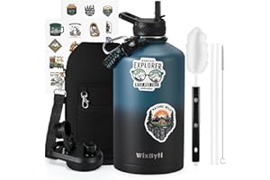 WixByti One Gallon Water Bottle Insulated with DIY Stickers, Triple Wall Vacuum Cold for 48 Hrs Leak-proof Non-BPA, 128oz Large Sports Stainless Steel Water Jug with Paracord Handle Straw Spout Lids
