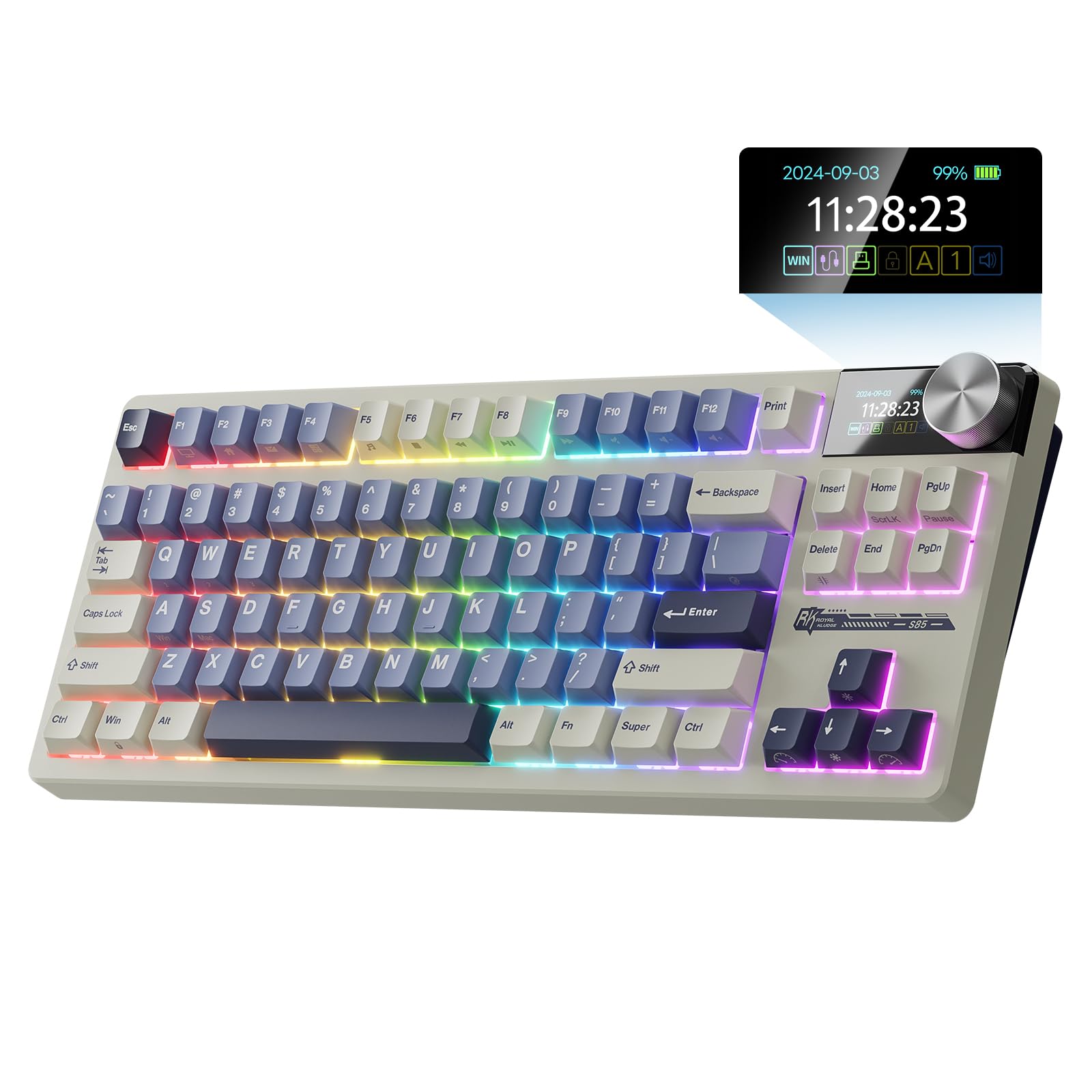 RK ROYAL KLUDGE S85 Wireless Mechanical Keyboard with Display & Knob, TKL Hot-Swappable Custom Programmable Macro Keyboard, 7200mAh Battery