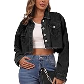 BubFee Jean Jacket for Women Cropped Denim Jackets Button Down Long Sleeve Fitted Crop Top Frayed Hem Jean Coat