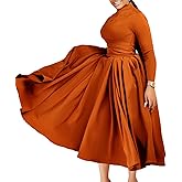 Women's Long Sleeve Maxi Dress High Waist Ruched A Line Swing Cocktail Party Dresses Plus Size