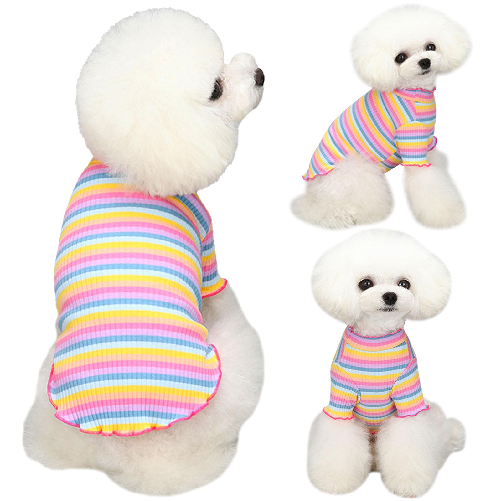 Yaopelky Small Medium Dog Clothes Rainbow Striped Dog Shirts Stretchable Long Sleeve Cat T-Shirt Pet Outfits for Chihuahua Yorkie Teddy (Pink edge, L)