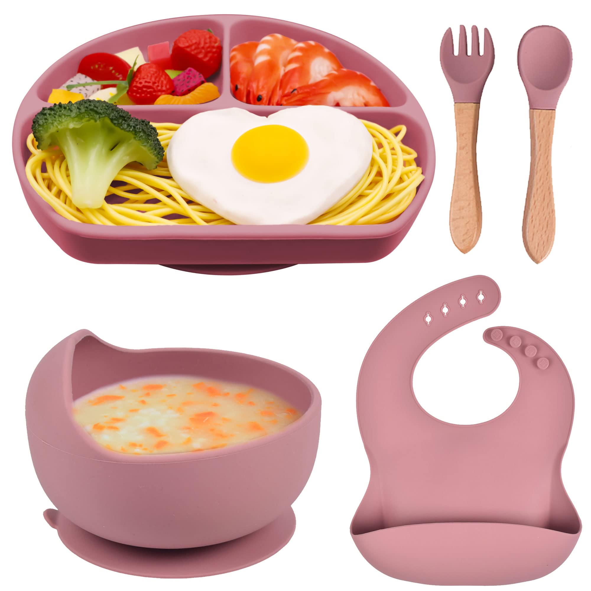 FILOWA Baby Plate and Bowl Set 5 PCS Silicone Feeding Set,Baby Weaning Set with Suction Plate Baby Weaning Bowls,Spoon Fork Cutlery Set,Soft Silicone Bibs for Toddler Girls - Dishwasher Safe, Pink
