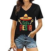QAUN Cinco De Mayo Shirts for Women: Mexican V Neck Tshirt Let's Fiesta Tops Sombrero May 5th Tees