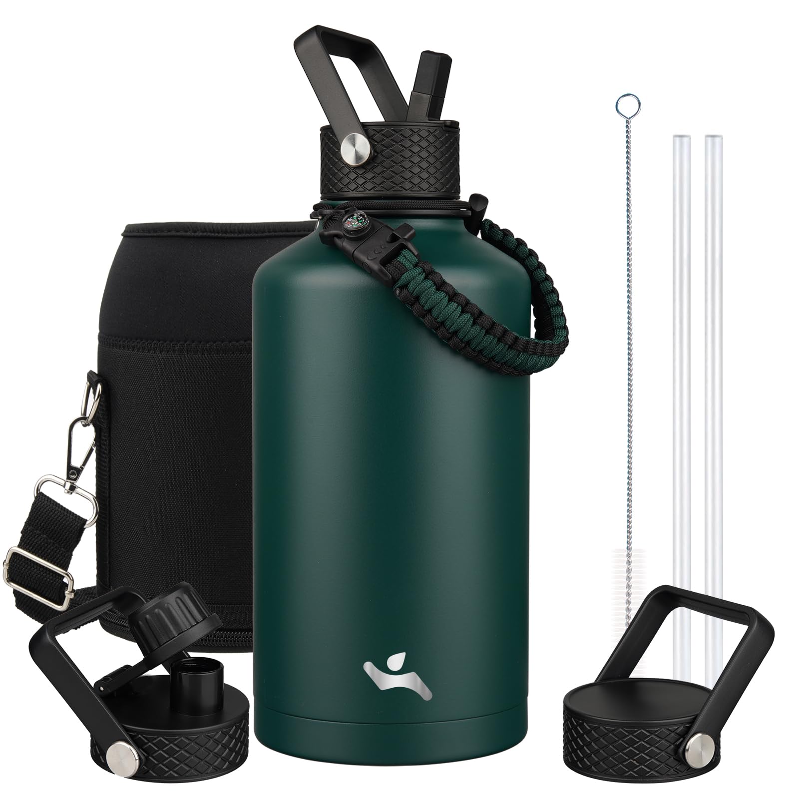 Konokyo Insulated Water Bottle with Straw,87 oz 3 Lids Water Jug with Carrying Bag,Paracord Handle,Double Wall Vacuum Stainless Steel Metal Flask,Dark Green Image
