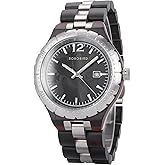 BOBO BIRD Men’s Wooden Watch 1.69in (43mm) Case, Japanese Quartz Movement, Rose Red, Blue & Black Dial Options – Natural Zebra & Ebony Wood Band, Date Display