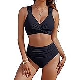 Blooming Jelly Womens High Waisted Bikini Set Retro Tummy Control Swimsuit Wide Strap Twist Front Tie Back Bathing Suit
