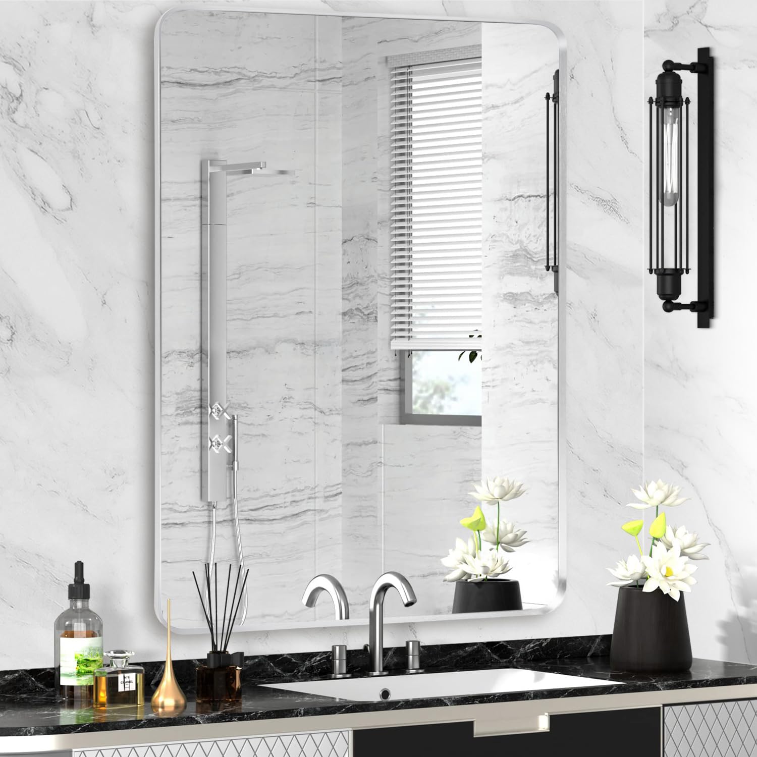 Photo 1 of Minuover Silver Framed Bathroom Mirror, Brushed Nickel Large Rounded Corner Rectangle Wall Mirror, Tempered Glass, Shatter Proof, Anti-Rust, Hangs Horizontally or Vertically (28" x 36", Silver)