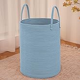 JMvicyroam Large Woven Laundry Basket Hamper,60L Cotton Rope Storage Bin for Blankets,Toys and Clothes,Decorative Tall Nursery Hamper for Living Room,Baby Nursery,Bathroom and Bedroom,Blue
