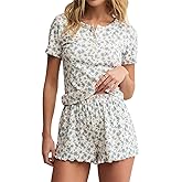 Lacozy Cute Pajama Sets for Women 2 Piece Short Sleeve Floral Print Button Shirt and Short Pj Sets Woman Y2K Sleepwear