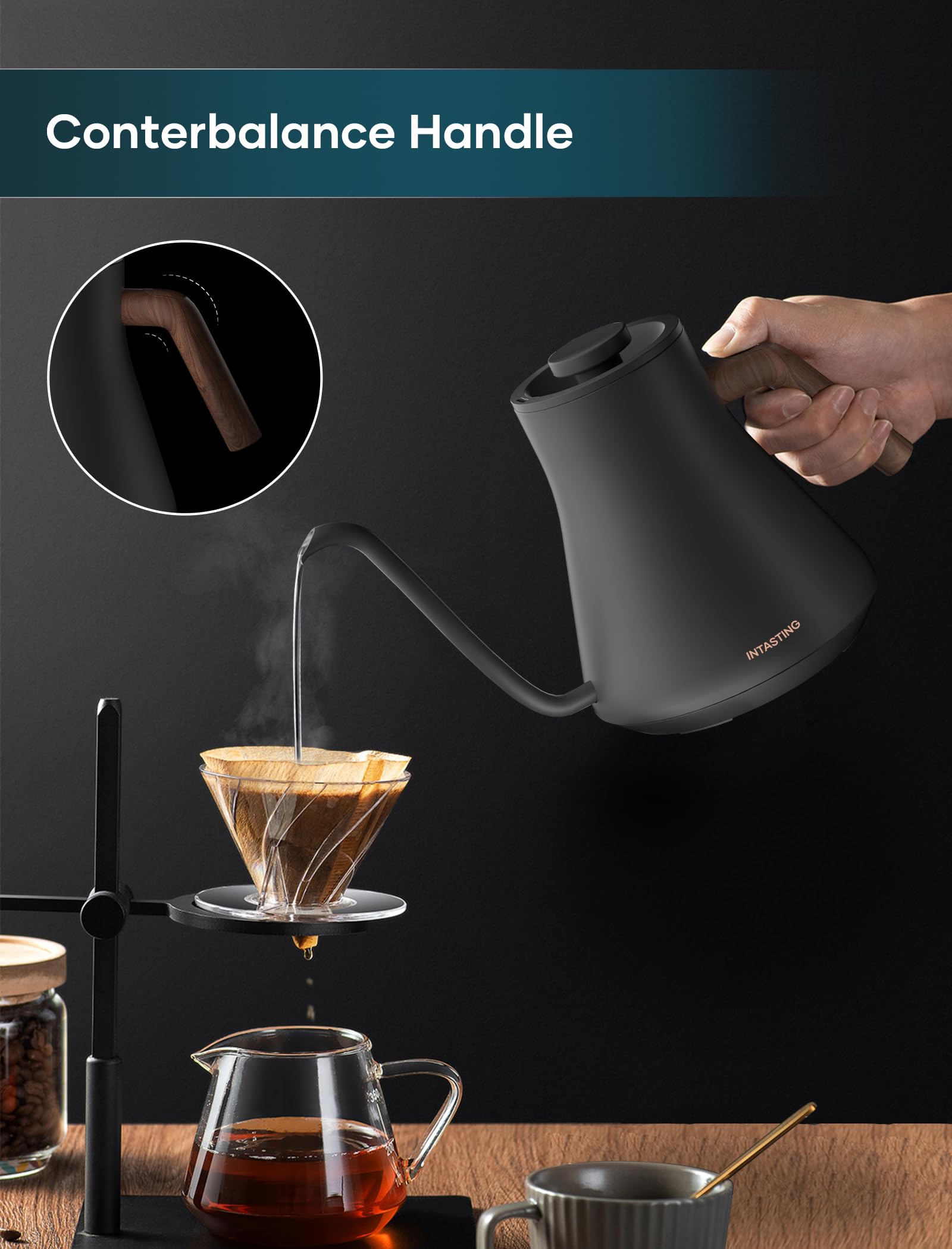 INTASTING Hervidores eléctricos, hervidor eléctrico de cuello de cisne, control de temperatura ±1 ℉, interior de acero inoxidable, calentamiento rápido, para verter sobre café, preparar té, hervir agua caliente, 0,9 L gris oscuro