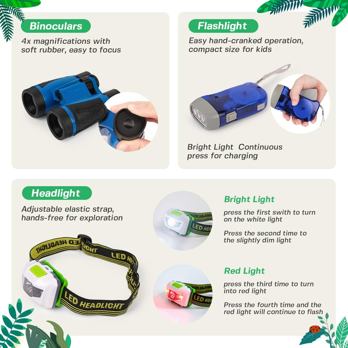 D-FantiX Kids Nature Explorer Kit, 24Pcs Outdoor Adventure Set Bug Catcher Kit, Nature Exploration Toys with Binocular Headlight Flashlight Magnifying Glass Compass for Toddlers Camping Hiking Gear: Toys & Games