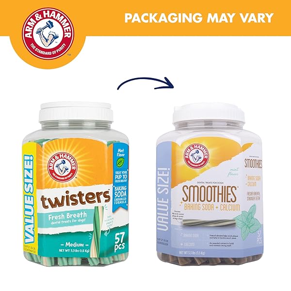 ARM & HAMMER FOR PETS SMOOTHIES DENTAL TREATS FOR DOGS WITH BAKING SODA AND CALCIUM, TREAT CHEWS HELP FIGHT BAD BREATH, PLAQUE & TARTAR WITHOUT BRUSHING, MINT, 57 PCS (PACKAGING MAY VARY)
