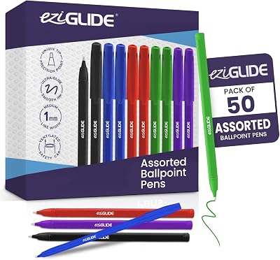 Eziglide 50-Pack Ballpoint Pen Set 5 Assorted Colours Medium Point 1.0mm