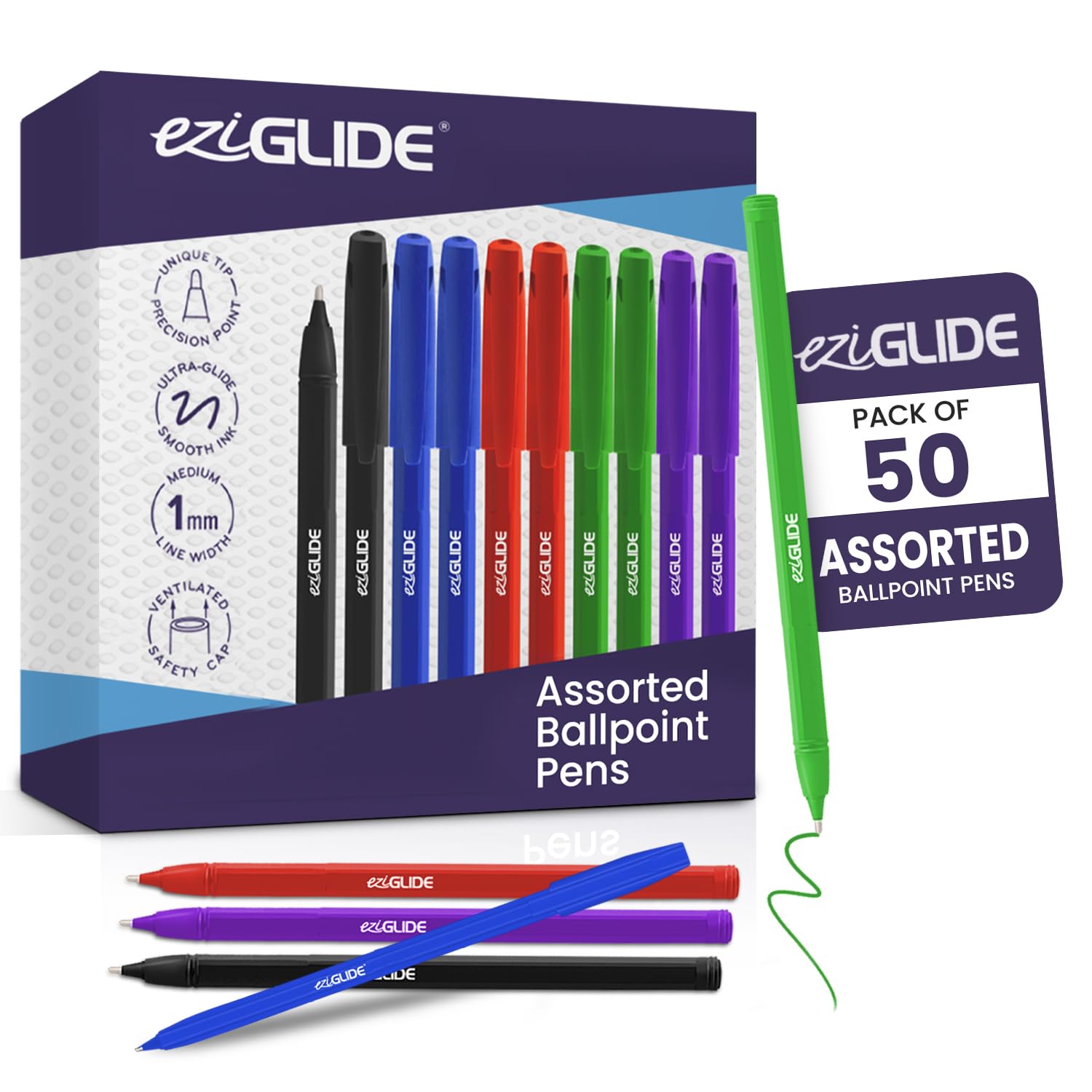 Eziglide 50-Pack Ballpoint Pen Set, 5 Assorted Colours – Medium Point Nib (1.0mm) for Precise Writing & Ergonomic Grip – Writing Pens for Home, Office, Teachers, Exams, Work, and Stationary Use — image 1