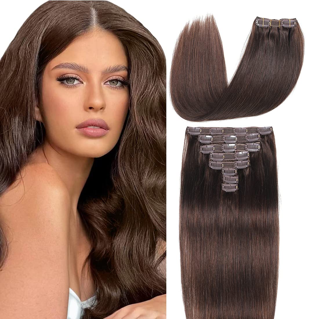 Clip in Hair Extensions Real Human Hair 8 Pieces Straight Real Remy Human Hair Full Head Human Hair Extensions Clip in Double Weft Real Remy Hair (#4 Medium Brown, 20 Inch) โ image 1