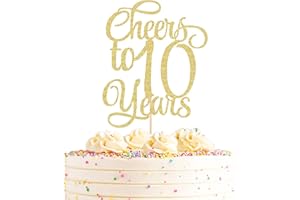 AHAORAY Cheers to 10 Years Cake Topper - Gold Glitter Children's 10th Birthday Cake Decorating Supplies - Blessed 10 Years Wedding, Anniversary or Birthday Party Decorations, Photo Booth Props