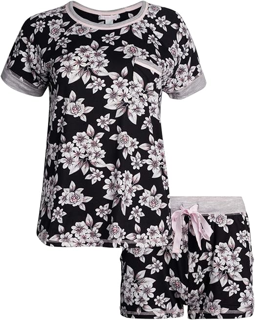 Pillow Talk Women's Sleepwear ButterSoftTouch Yummy Pajama Short Set with Tee, Black Floral