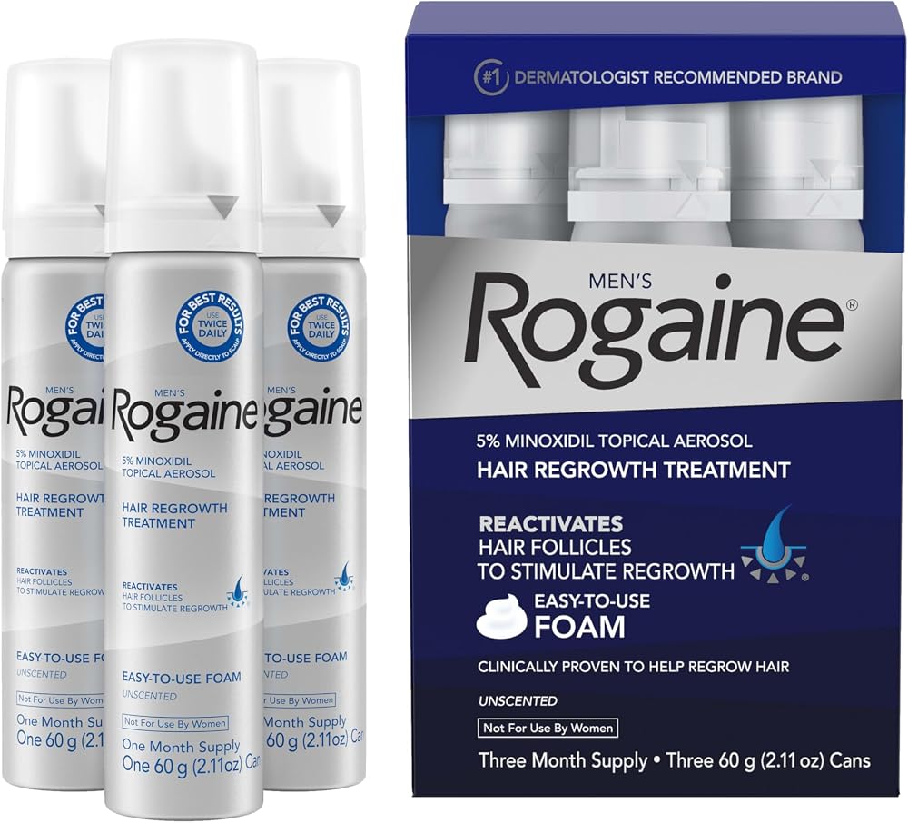 Men's Rogaine 5% Minoxidil Topical Foam, Unscented, 3 Mo Supply, 3x 2.11 Oz | Hair Regrowth Foam, Topical Hair Loss Treatment