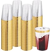 I00000 100 Pack 12 oz Gold Plastic Cups, Gold Rimmed Disposable Cups, Disposable Wine Glasses Cocktail Glasses Premium Cup with Golden Rim, 12 Ounce Plastic Tumblers for Party & Wedding