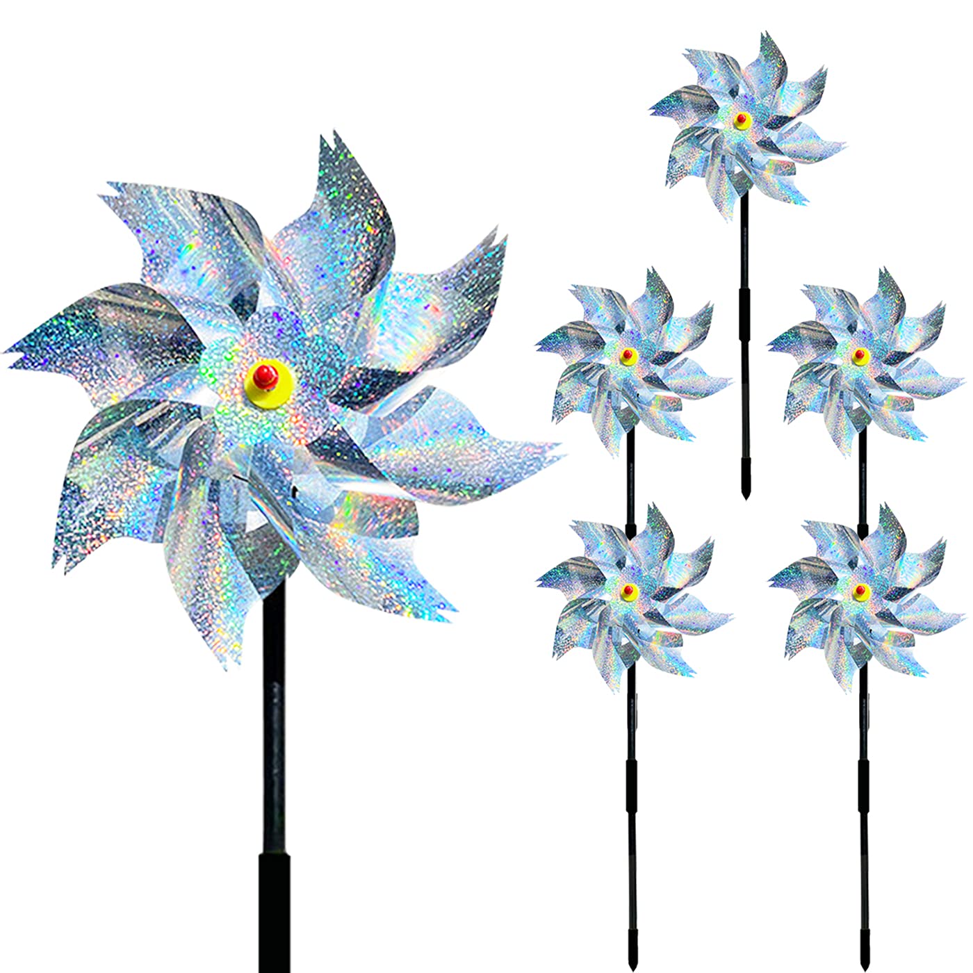 Yitla Windmill Bird Repellent, 5' Pigeon Deterrent, Reflective Wind Turbines, Pack of 5, Plastic, Wind and Light Reflection Deterrent, Decorative Garden Item