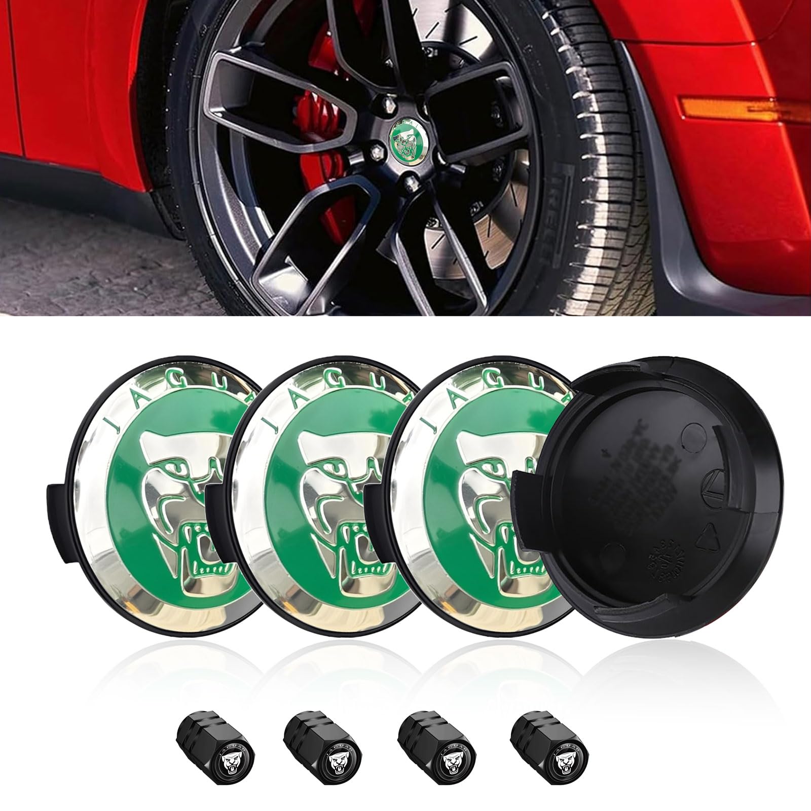 Photo 1 of 4 PCS 59mm Car Wheel Center Caps Fit for Jaguar XF XEL XFL F-PACE XJ F-Type Tire Hub Cap Accessories Car Hub Centre Cap with Tire Valve Stem Caps (Green)