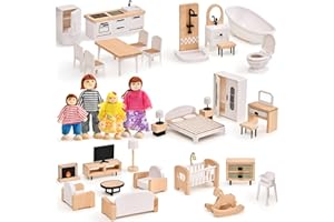 Toyssa Dollhouse Furniture Set, 36PCS Beech Wood and Plastic Miniature Doll House Accessories with Modern 5 Rooms & 4 Flexible Family Dolls, Pretend Play Toys Birthday Gift for Toddlers 3 4 5 6