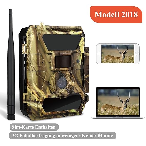 WildHD 3G Wildkamera 3G Überwachungskamera Jagdkamera (3G GPRS GSM) mit FOTOAPP-0,4s Auslösezeit- Fotofalle-SIM Karte Inkludi