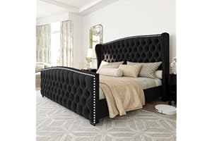 AMERLIFE California King Size Platform Bed Frame, Velvet Upholstered Bed with Deep Button Tufted & Nailhead Trim Wingback Headboard/No Box Spring Needed,Black