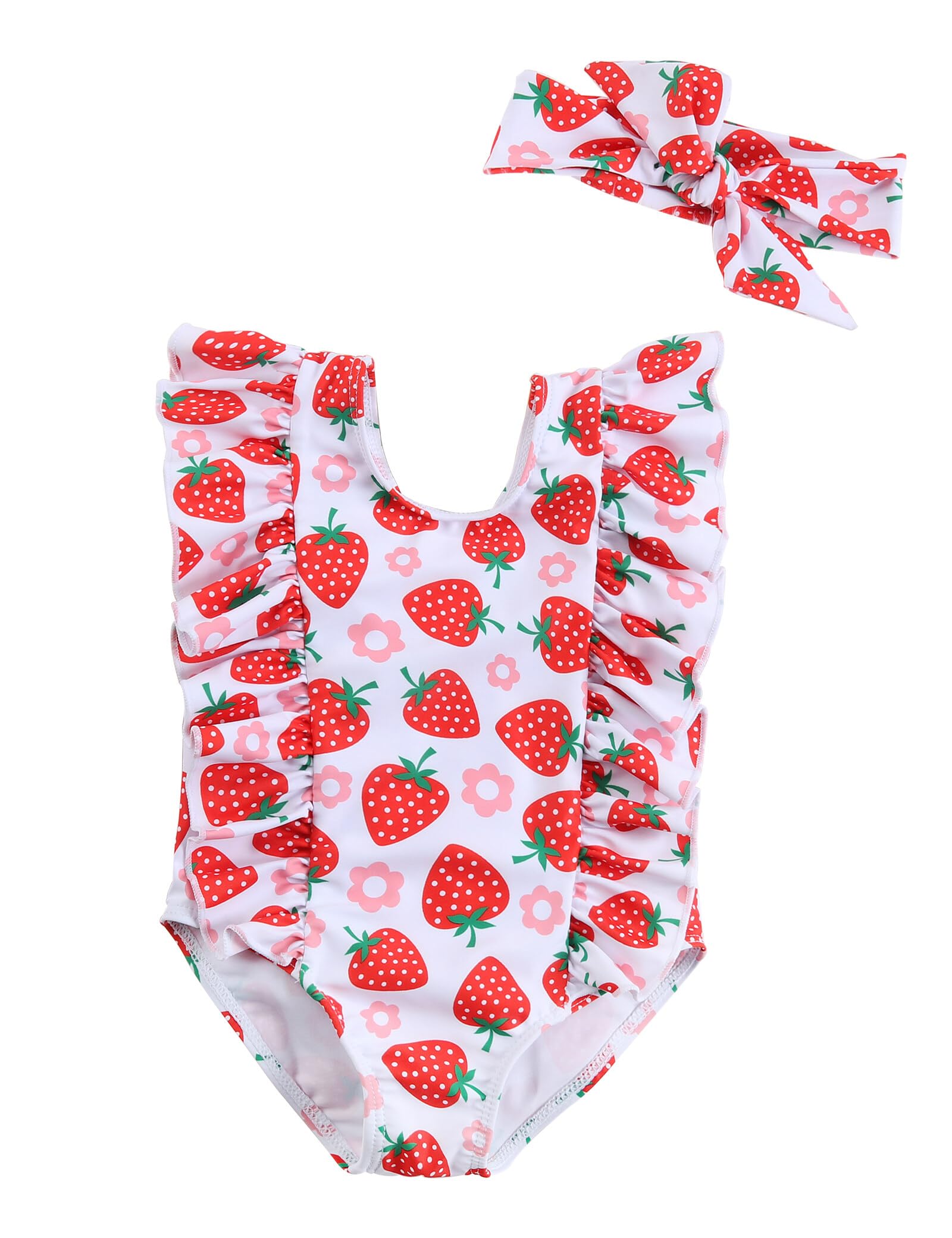 Photo 1 of GiHaood Newborn Bathing Suit One Piece Ruffle Swimsuit Infant Baby Girl Summer Beach Sleeveless Bikini Swimwear Outfits 0-3 Months Strawberry