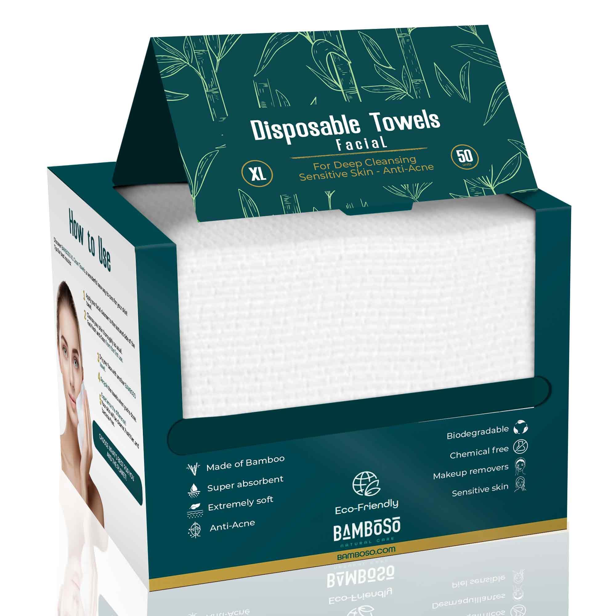 BAMBOSO Biodegradable Bamboo Disposable Facial Towels for Sensitive Skin Box 50 Count XL Large Size | Anti-Acne Dry Disposable Facial Wipes (1 count (Pack of 50))