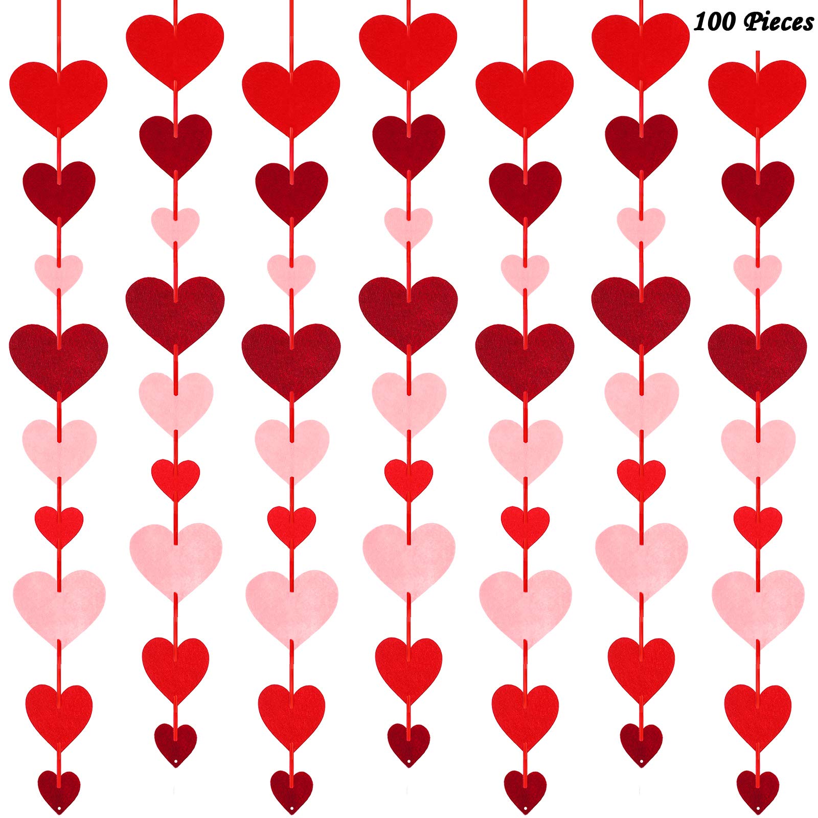 Photo 1 of 100 Valentines Day Heart Garland Streamers Felt Red Banner 16.4ft Burgundy Pink Red Heart Hanging String Garland for Wedding Engagement Anniversary Valentines Decor
