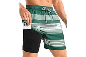 QDEupup Mens Swim Trunks with Compression Liner 5.5" Inseam Swim Shorts Stretch Quick Dry Bathing Suits