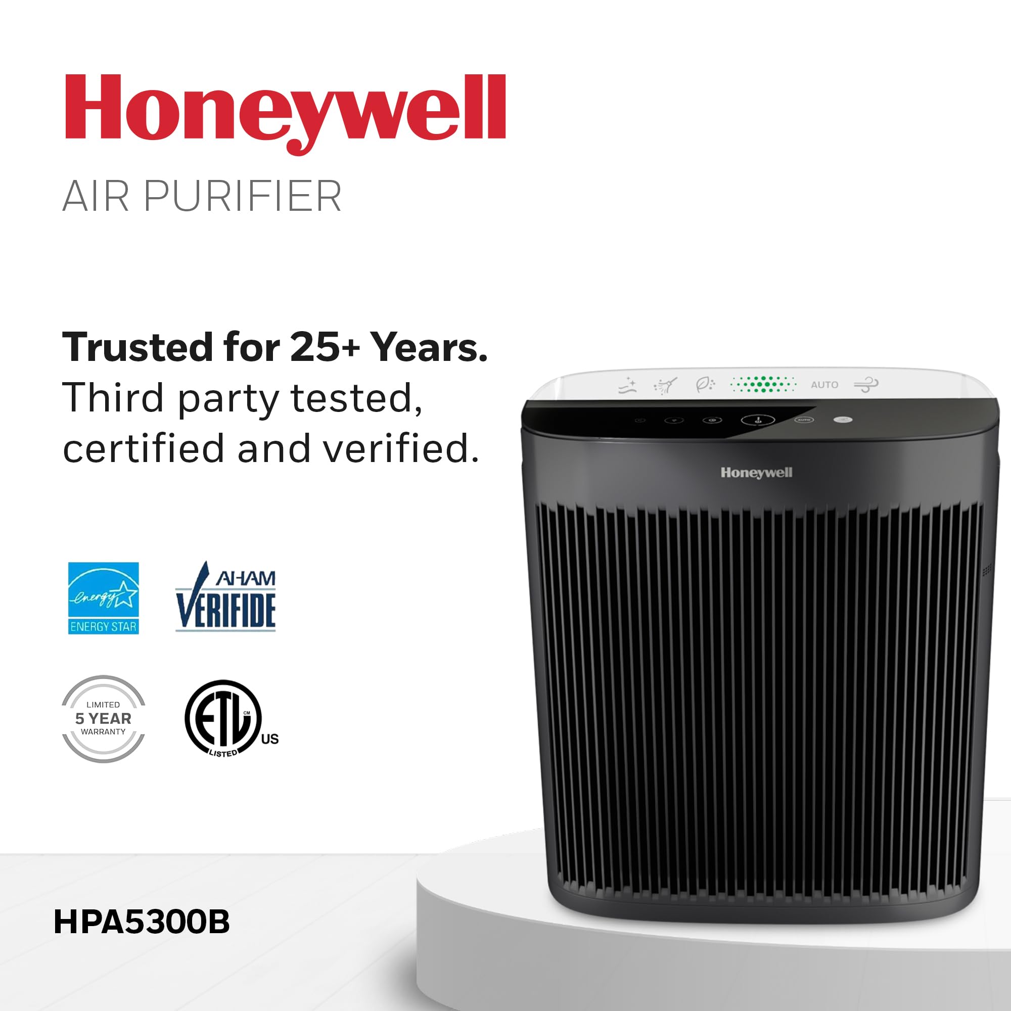 Honeywell Allergen Plus HEPA Air Purifier for Home Large Rooms up to 2400 Ft², Air Quality Monitor, Auto Mode, Reduces Allergens, Pollen, Pet Dander, Odors, Smoke, Black, HPA5300B