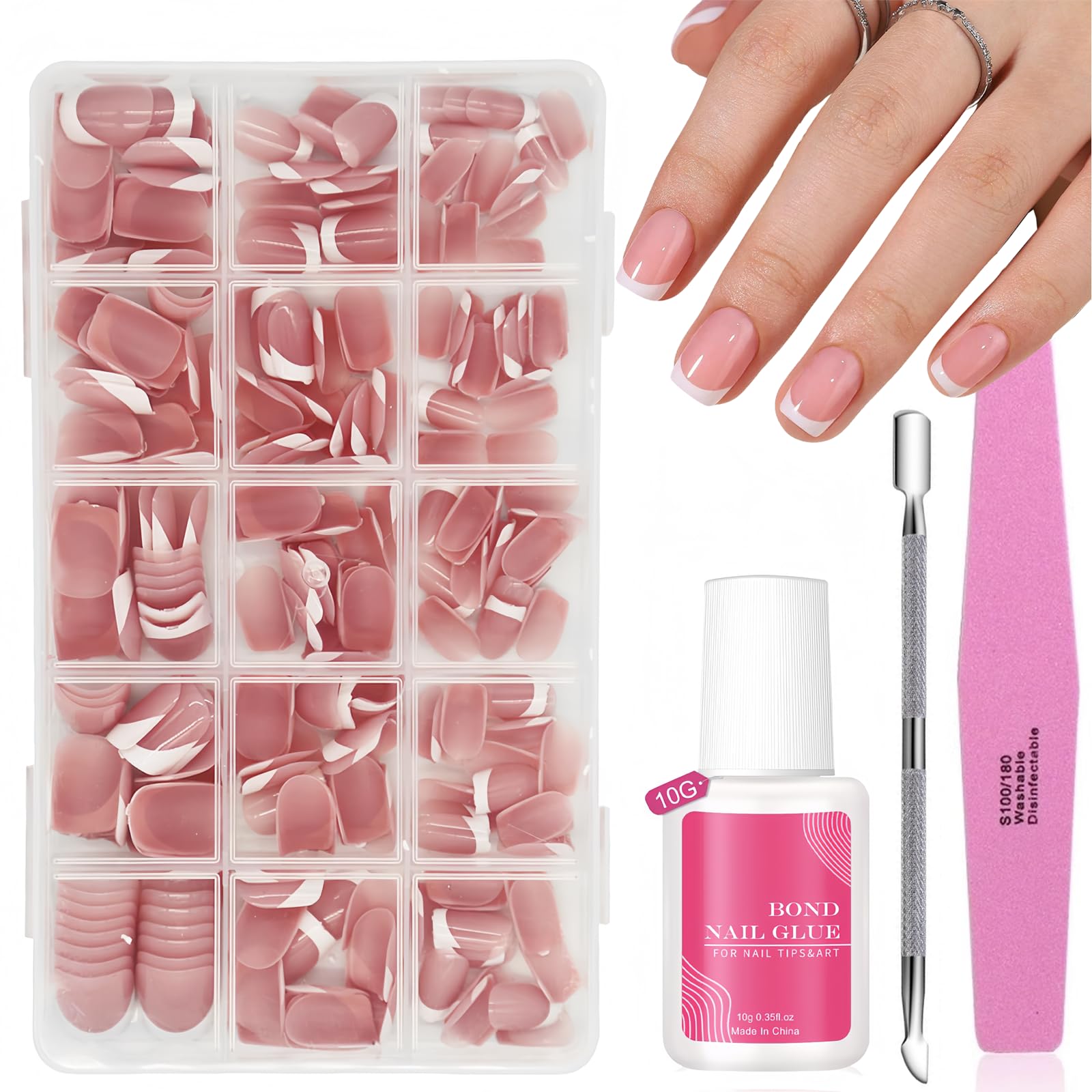 Press on Nails - 240 Pcs French False Nails Short - French Tip Nude Color False Nail Kit - Cute Short Full Cover Stick on Nails Nail Art Manicure Decorations for Women