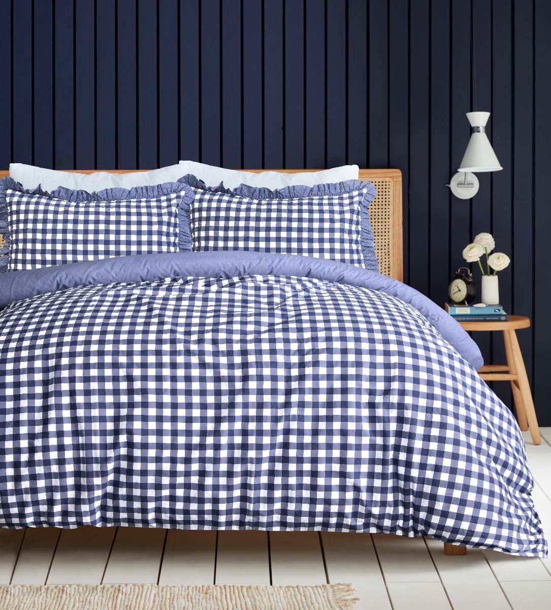 Sleepdown Gingham Check Blue Plain Reverse Soft Easy Care Duvet Cover Quilt Bedding Set With Ruffle Edge Pillowcase - Single (135cm x 200cm)