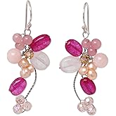 NOVICA Artisan Handmade Cultured Freshwater Pearl Rose Quartz Cluster Earrings Stainless Steel .925 Sterling Silver Multigem Multicolor Pink White Beaded Dangle Thailand
