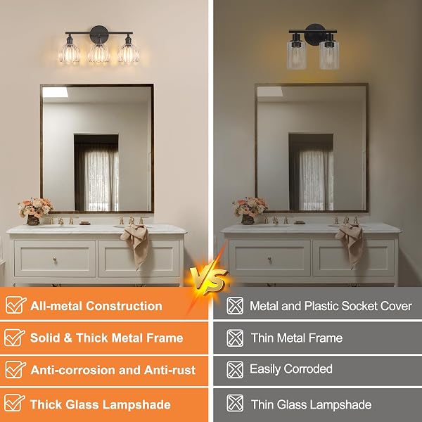 SHENMOYL BATHROOM LIGHT FIXTURES, 3-LIGHT BLACK VANITY WALL LIGHT OVER MIRROR WITH CLEAR TULIP GLASS SHADE FOR BEDROOM LIVING ROOM (BULB NOT INCLUDED)