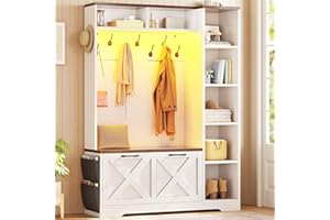 Itaar Hall Tree with Bench and Shoe Storage, Farmhouse Entryway Bench with Coat Rack, Shoe Cabinet with Flip Drawers, 7 Shelves, 10 Coat Hooks, Storage Bag, Led Lights, White