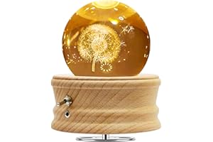 Figermoon 3D Crystal Ball Music Box with Projection LED Light and Rotating Wooden Base, Gift for Birthday, New Year, Christmas, Valentine's Day, Music Boxes for Women Mom Daughter (Dandelion)